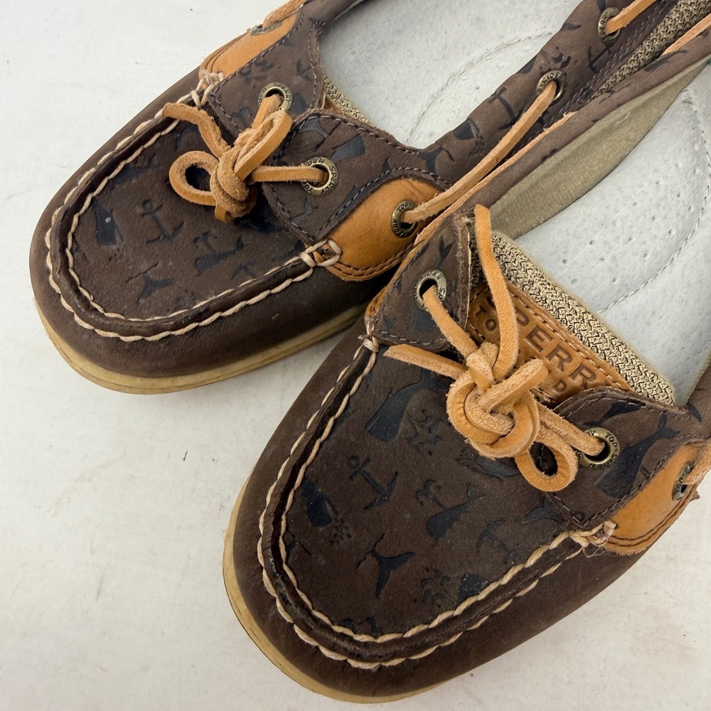 Sperry‎ Top-Sider Brown Nautical Anchor Print Leather Mesh Boat Shoes Size 10 - Picture 2 of 10